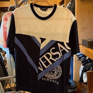 Versace Men's Black, White, and Blue Patchwork T-Shirt